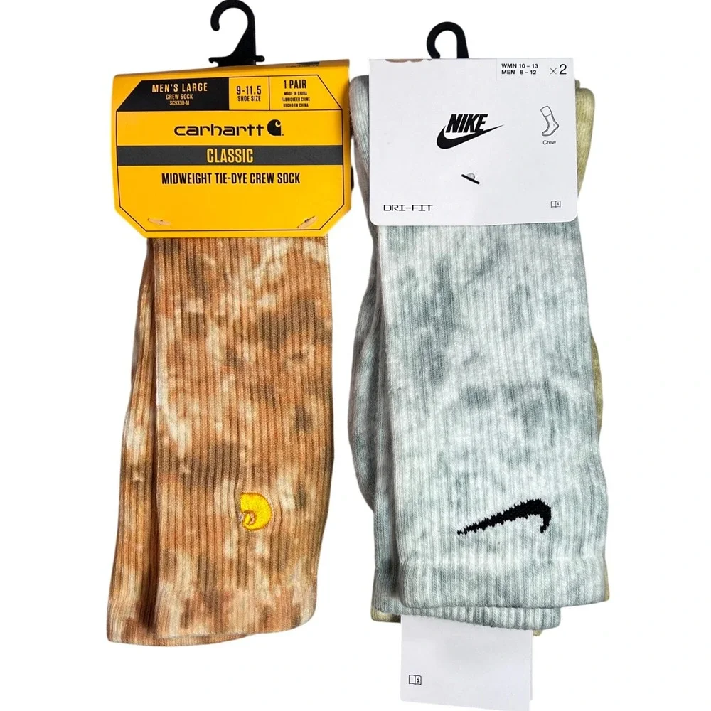 Nike Carhartt Tie Dye Crew Socks Bundle 3 Pairs Mens Large Dri-FIT Khaki Sz 8-12